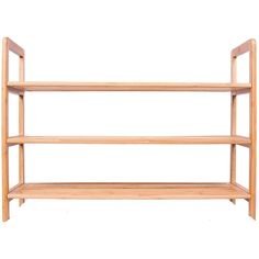 a wooden shelf with three shelves on each side