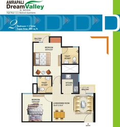 the floor plan for an apartment with three bedroom and two bathroom areas, including one living room