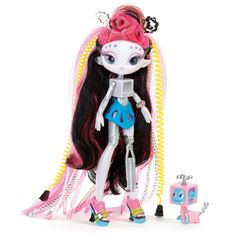 a doll with long hair standing next to a toy