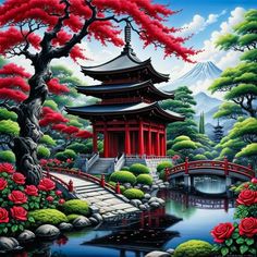 Japanese Blossom, Japanese Pagoda, Happy Ganesh Chaturthi Images, Fantasy Homes, Diy Cross