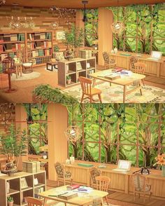 the interior of a house with plants and bookshelves on the walls, in which there are several tables and chairs