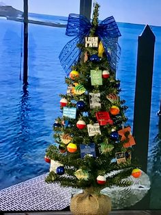 a decorated christmas tree on display in front of a window with the water behind it