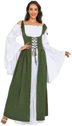 PRICES MAY VARY. Elegant Renaissance Costume Women: This medieval long dress features a front lace-up, back laces, and shoulder ties for a custom fit. With long flare sleeves, an off-shoulder elasticized neckline, 2 wide ruffles, and sorceress sleeves, it's perfect for Renaissance faires, masquerades, or themed events. Premium Quality Renaissance Dress for Women: Crafted from high-quality polyester, this dress is lightweight, durable, and wrinkle-resistant. The fabric provides excellent comfort Medieval Clothing Women Princesses, Middle Ages Fashion, Medieval Clothing Women, Medieval Costume Women, Irish Costume, Irish Costumes, Dress Medieval, Female Pirate Costume, High Middle Ages