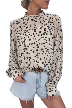 Beige Mock Neck Lantern Sleeve Fashion Print Blouse Khaki Blouse, Fall Fashion Coats, Chic Blouses, Pretty Blouses, Leopard Print Top, Sleeve Fashion, Fashion Weeks, Lantern Sleeve, Print Blouse