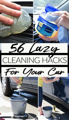 a collage of cleaning hacks for your car