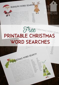 three christmas word search printables on top of each other with the words free