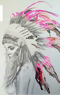 a drawing of a woman with feathers on her head