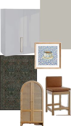 an assortment of furniture including a cabinet, chair and table