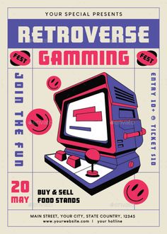 Retro Gaming Flyer Video Game Advertisement, Canva Retro Template, Game Advertising Design, Gaming Event Poster, Retro Gaming Poster, Retro Layout Design, Games Poster Design, Video Game Poster Design, Video Game Graphic Design