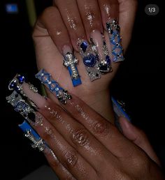 #nails #pinknails #acrylicnails #nail #summernails #summernail #pinknail #whitenails #gelnails #nudenails #springnails #darkskinnails #purplenails #fallnails #gemnails #dopenails #french #frenchnails Long Blue Nails Acrylic, Long Dark Blue Nails, Dark Blue Y2k Nails, Long Nails Blue, Birthday Nails Long Bling, Blue Nails Y2k, Blue Nails With Gems, Blue Y2k Nails