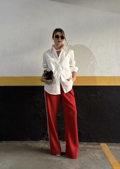 How To Style Red Trousers Women, Red Slacks Outfit Women, Creative Elegant Outfit, Red Silk Pants Outfit, Holiday 2024 Fashion Trends, Red Trouser Outfit Women, Red Satin Pants Outfit, Red Pant Outfit, Red Joggers Outfit For Women