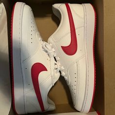 Never Worn Nikes, Court Vision Low White With Red Swoosh And Soles Nike Shoes Red And White, Nike Red Low-top Sneakers, Red Low-top Nike Air Force 1 Sneakers, Nike Red Non-slip Sneakers, Red Synthetic Nike Air Force 1, Nike Vision, Nike Vapormax Plus, Hidden Wedge Sneakers, Nike Retro