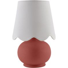 a red table lamp with a white shade on the top and bottom, against a white background