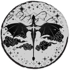 a black and white drawing of a bat flying in the sky with stars around it