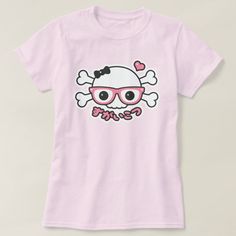 Creepy Cute Skull and Crossbones with Nerd Glasses T-shirt, Women's, Size: Adult L, Pale Pink Gender: female. Kawaii Shirt Design, Cutecore Shirt, Cute Skull And Crossbones, Yami Kawaii Outfit, Creepy Cute Outfits, Menhera Fashion, Goth Tshirt, Creepy Clothes, Creepy Cute Fashion