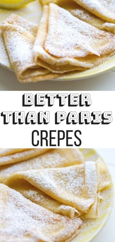 two plates filled with crepes covered in powdered sugar