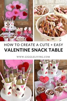 valentine's snack table with hearts and cupcakes