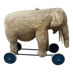 an elephant is riding on top of two blue wheels