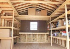 the inside of a storage room with shelves and boxes