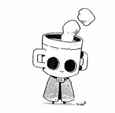 a black and white drawing of a cartoon character holding a cup with something in it