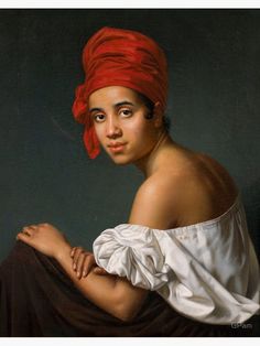 an oil painting of a woman with a red turban on her head and arm