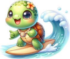 a cartoon turtle riding on top of a surfboard in the ocean with a flower