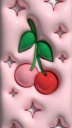 a cherry with green leaves and stars on the background is shown in this digital painting