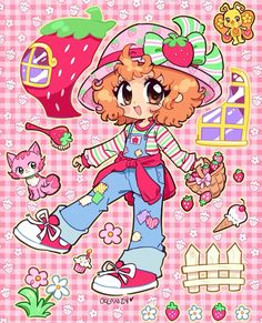 a cartoon girl with many different things around her