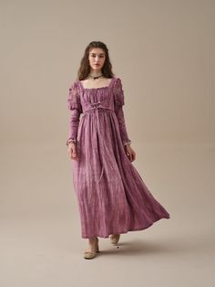 Wrap yourself in timeless romance with our linen dresses. This dress is tie-dyed by hand so that each piece is truly unique, like a work of art. It's also pretty detailed - puffed sleeves with floral lace detailing are playful yet romantic, lace-up designs and layered silhouette ensure a perfect fit that will turn head Dress Puff Sleeve, Dress Layered, Regency Dress, Buy Linen, Linen Fashion, Layered Dress, Puff Sleeve Dress, Layer Dress, Fashion Hacks Clothes