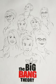 the big bang theory movie poster with many people in black and red ink on white paper