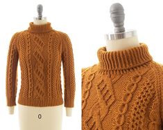 "♡ PLEASE ENLARGE PHOTOS FOR MORE DETAIL ♡ D E T A I L S * 1970s sweater * knit wool or wool blend * burnt mustard color * ribbed turtleneck * cable knit design * bracelet length sleeves * pullover fit, no closures * unlined * label: no tag present M E A S U R E M E N T S fits like a: x-small | small shoulders: undefined | best for up to about 15\" bust: 30-36\" waist: 28-34\" hem: 28-34\" length: 20.5\" sleeve length: 13.5\" (along inseam) C O N D I T I O N Excellent vintage condition. No issue Vintage Mustard Sweater For Fall, Vintage Orange Sweater For Fall, Retro Yellow Winter Sweater, Vintage Mustard Long Sleeve Sweater, 1970s Sweater, Vintage Pullovers, Turtle Neck Jumper, Seventies Fashion, Autumn Clothes