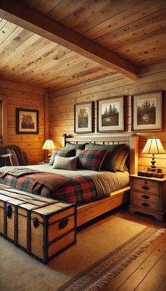 a bedroom with wooden walls and flooring has a large bed in the middle, along with two lamps on either side of the bed