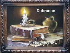 an oil painting of a candle and books