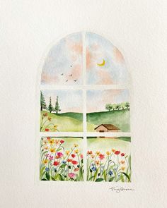 an open window with flowers and a house in the distance, painted by watercolor on paper