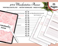 the printable wedding planner is shown with pink roses and flowers on top of it