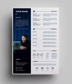 a clean and modern resume template with blue accents on the front, side and back