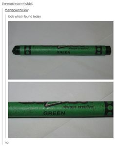 three different views of the same green crayon, one showing what it looks like