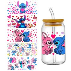 a glass jar with stickers on it next to an image of stitch and stitch