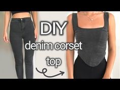 a woman in black top and jeans with the words diy denim corset top