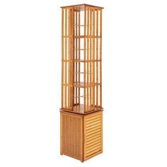 a tall wooden shelf with shelves on top