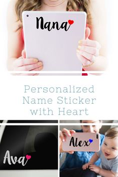 personalized name sticker with heart on the front and back of a laptop screen