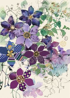 an abstract painting with purple flowers and green leaves