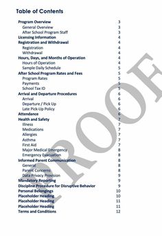 After-School Handbook This After-school Parent Handbook describes the procedures that will be used by your school to provide for the care and well-being of the children under our care and our staff while participating in the After School Program. This handbook is completely editable so that you can shape the policies and procedures provided to your unique program's needs. Table of Contents Program Overview General Overview After-School Program Staff Licensing Information Registration and Withdrawal Registration Withdrawal Hours, Days, and Months of Operation Hours of Operation Sample Daily Schedule After-School Program Rates and Fees Program Rates Payments School Tax ID Arrival and Departure Procedures Arrival Departure / Pick Up Late Pick-Up Policy Attendance Health and Safety Illness Med Parent Handbook, Emergency Evacuation, Allergy Asthma, Parent Communication, After School Program, Table Of Contents, School Programs, Daily Schedule, Emergency Medical