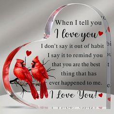 two red birds sitting on top of a heart shaped glass plaque with the words i love you