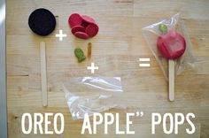 an image of some food that is on the table with words over it saying, oreo apple pops