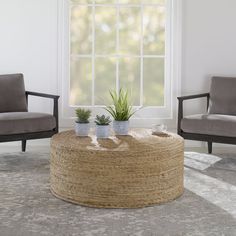 two chairs and a round coffee table in front of a window with potted plants on it