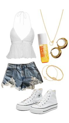 a white top, shorts and converse shoes are arranged on a white background with gold accessories