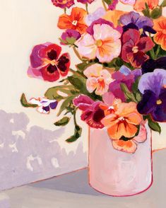 an oil painting of pansies in a pink vase