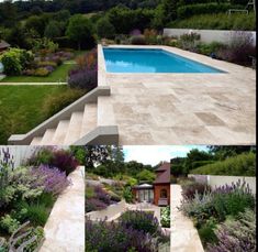 four pictures of different types of landscaping including a swimming pool