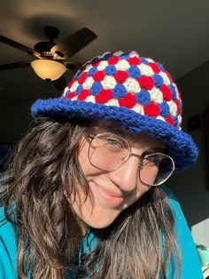 Adorable red, white, and blue bucket hat. Made from acrylic yarn that is soft to the touch and comfortable to wear all day long. This item is premade and ready to ship! Blue Bucket Hat, Pizza Recipe, Bucket Hats, Cheese Pizza, Red White And Blue, Acrylic Yarn, Caps Hats, Bucket Hat, Red White